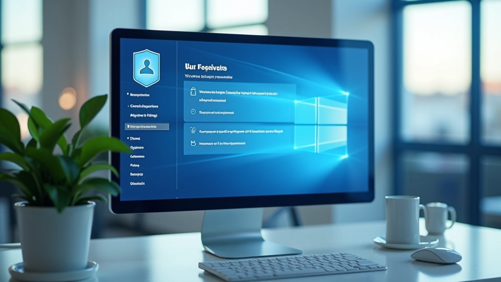 Tela de configurações de segurança de computador com diferentes opções de proteção visíveis, interface clara, iluminação profissional