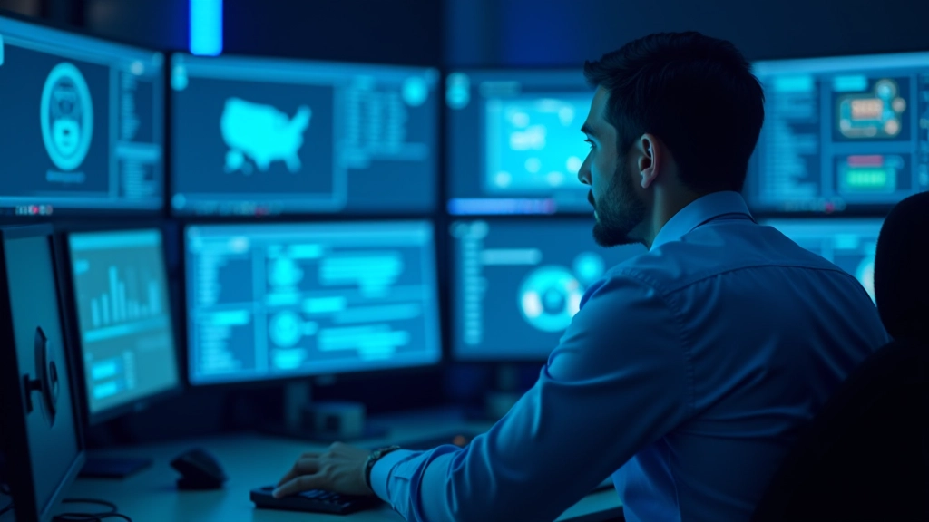 Centro de operações de segurança cibernética com múltiplos monitores e ambiente de tech moderno