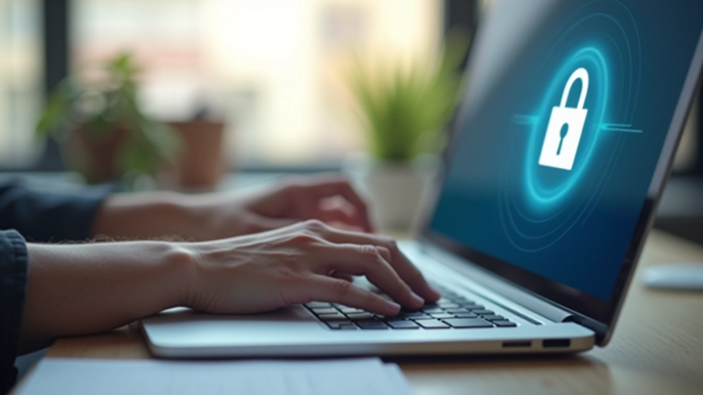 Mãos digitando em computador portátil com símbolo de segurança em criptografia visível no ecrã