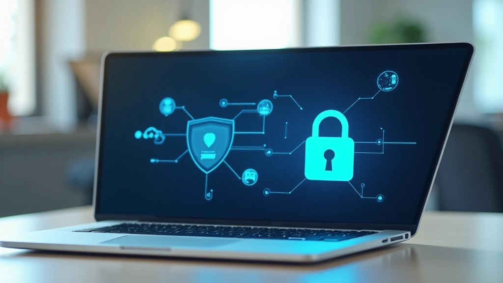 Computador protegido com escudo de segurança digital, símbolo de proteção e cadeado sobre a tela