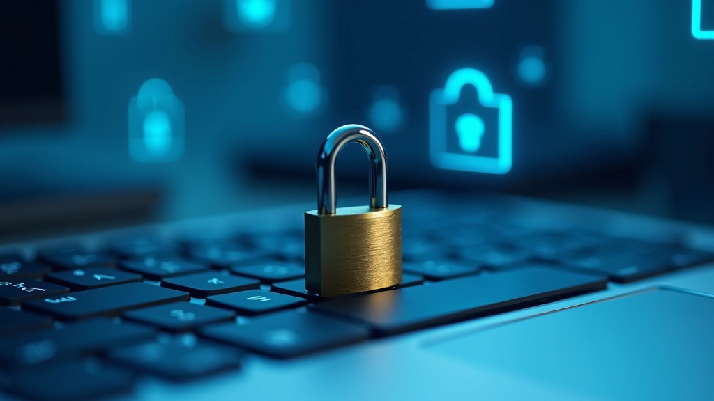 Teclado de computador com candado de segurança e ícones de proteção digital