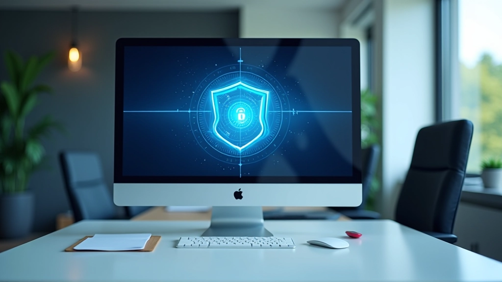 Computador seguro com escudo de proteção digital em primeiro plano