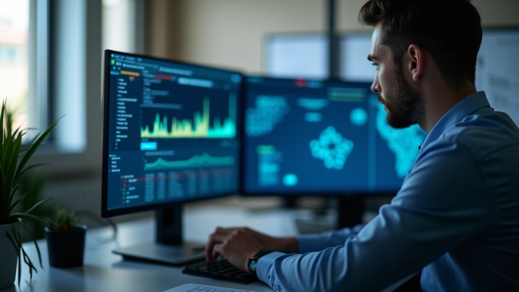 Pessoa verificando atividade de rede no monitor, gráficos de tráfego de dados visíveis na tela