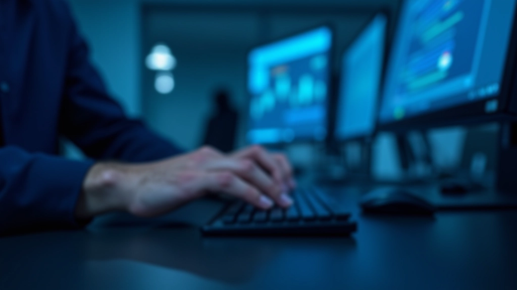 Mão digitando em teclado de computador com luzes de segurança digital ao fundo