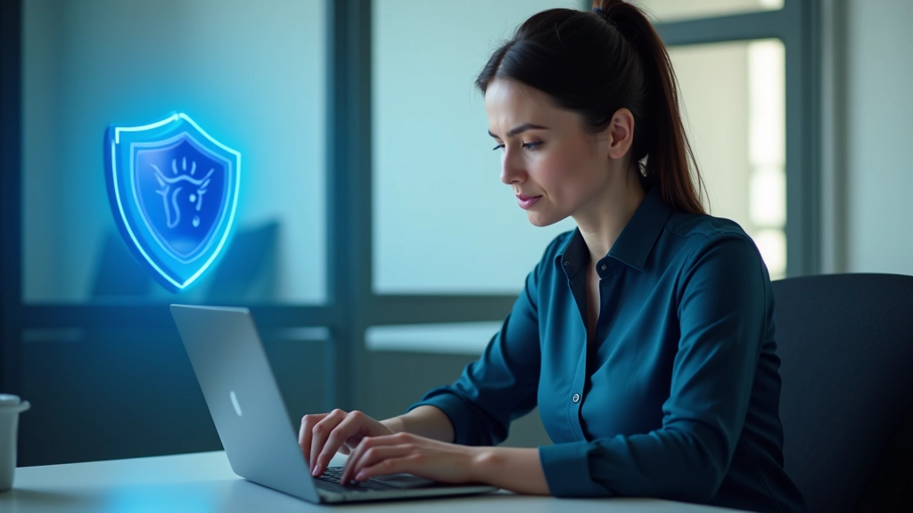 Pessoa usando computador portátil em escritório, com escudo de segurança azul ao fundo